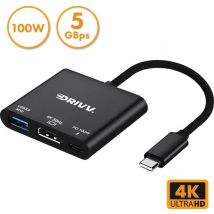 Drivv. USB C zu HDMI Adapter 3 in 1 - HDMI 4K 30hz - USB 3.0 - PDW 100w - Schwarz