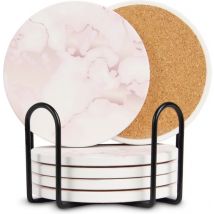 Castagnola Keramik Untersetzer mit Halter - Untersetzer für Gläser - Untersetzer Design - Untersetzer Set - Untersetzer zum Trinken - Keramik - Kork - 6er Set - Rosa/Weiß