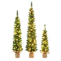 COSTWAY Künstlicher Weihnachtsbaum, 3er-Set, 90/120/150cm, warmweiße LEDs, grün