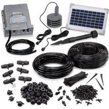 esotec WaterDrops Solar-Gartenbewässerungssystem, 50 Tropfer, 7 m Zulaufschlauch, 48 m Verteilerschlauch, grau, Maße Regler 18x20x8 cm, Solarmodul 25,5x17x2 cm