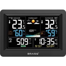 BRASQ Kabellose Wetterstation für Innen und Außen mit CO2-Messer - Hygrometer - Mit Außensensor bis zu 60 Meter - Luftfeuchtigkeitsmesser - Thermometer - Barometer - inklusive Batterien
