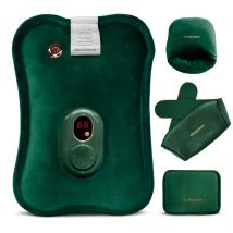 Vulpes Goods® - Elektrische Kanne - Weicher grüner Flanell - Digitale Anzeige - Inkl. Handwärmer, Fußwärmer & Wärmeband - Wiederaufladbar & Kabellos - Gegen Menstruationsschmerzen