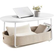 Furnstar - Couchtisch oval - Tisch mit Ablage - Beistelltisch - Wohnzimmertisch mit Stoffkorb - Modernes Design - Metallgestell - Mattweiß Kamelbraun