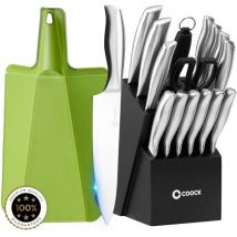 COOCK - Messerset mit Block und klappbarem Schneidebrett - Küchenmesser mit Schere und Wetzstahl (Messerschärfer) - 17-teiliges Küchenutensilien-Set im Messerblock - mit kratzfester Beschichtung - komplett aus Edelstahl