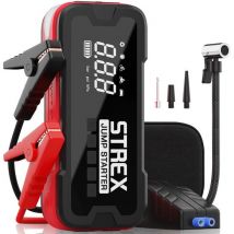 Strex - 12V Starthilfe mit Kompressor - 4000A - 24.000 mAh - 5-in-1 Funktion mit Led-Taschenlampe & SOS - Inklusive Hardcover-Tasche - Kunststoff - Schwarz & Rot