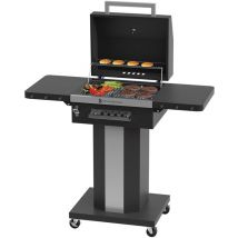 KitchenBrothers - Holzkohlestehgrill Barbecue - BBQ - mit Deckeln und Rädern - Edelstahl Grillrost - Schwarz