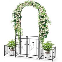 GOPLUS Rosenbogen Metalltorbogen mit Türen und Pflanzgefäßen Kletterhilfe für Kletterpflanzen 202 x 50 x 220 cm Schwarz
