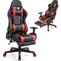 COSTWAY Gaming-Stuhl mit RGB-LEDs und ausziehbarer Fußstütze