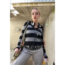 Minga London - Smoke Stripes Hooded Knit Black/Grey - Pull-over - noir - S - 55% polyacrylique, 37% polyester, 7% laine, 1% élasthanne,Tricots