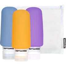 TRVLMORE Silicone Reisflesjes - Navulbaar - Handbagage - 100 ML - 3 Stuks - Oranje/Paars/Blauw