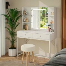 Mirlux Kaptafel met Spiegel en LED Verlichting - Make Up Tafel - 3 Dimbare Lichtstanden - 100x40x140cm - Wit