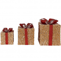 3 Verlichte Geschenkdozen - Goud Met Rode Strik - 15cm, 20cm, 25cm