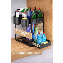 HELDENWERK - Wastafelonderkast Organizer & Keukenorganizer - 2 Stuks - Zwart ABS Kunststof - Uittrekbaar met 2 Niveaus - Voor Keuken & Badkamer - Inclusief Haken & Bakjes - Maximale Opbergruimte