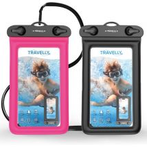Travelly® Waterdicht Telefoonhoesje Set van 2 – Universeel Onderwater Hoesje voor Smartphone – Geschikt voor alle telefoons – Drybag – Voor Vakantie, Zwemmen & Watersport – Zwart/Roze