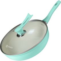 COOCK Wokpan Inductie 32cm - Speciale Anti-Aanbak Coating - Roerbakpan met deksel - Gerecycled Aluminium - Turquoise - Inclusief E-book