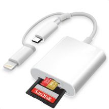 Skoov SD Kaart Lezer met USB-C aansluiting - Incl. 8-Pin Converter - iPhone & USB-C - Micro SD - Adapter - Cardreader - Geheugen kaart - Kaartlezer - Converter - TF - wit