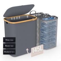 Dymac Wasmand 145 Liter | 3 Compartimenten | Bamboe Wassorteerder | Met 3 uitneembare waszakken | Wasmand 3 vakken | Wasmand met deksel | Grijs