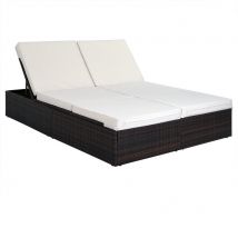 Casaria Polyrattan Ligstoel Verstelbaar 2 Klaptafels - Bruin Crème