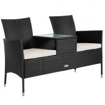 Casaria Polyrattan Tuinbank - Incl. Kussen Tafel 143x55x88 cm Zwart
