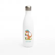 Cute Gardening Dinosaur with Sun Hat White 17oz Stainless Steel Water Bottle + Personalised Name
