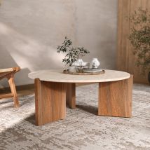 Mesa baja de travertino y madera D85 cm - Sierra - Rendez-Vous Déco