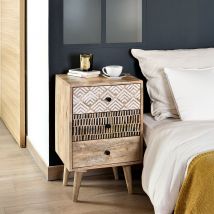Mesita de noche de madera, 3 cajones con dibujo - Tali - Rendez-Vous Déco