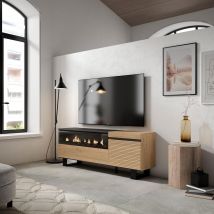 Mobile TV Soggiorno, 150x35x57cm, Per TV fino a 65 , Camino elettrico, Design industriale, colore Rovere RF3302