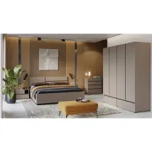 Camera HAVANA completa beige e nero con letto con contenitore 160x200, armadio a 4 ante, cassettiera e comodini