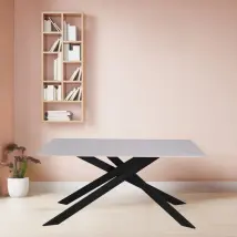 Tavolo Star con piano in ceramica effetto marmo bianco lucido e gambe nere""