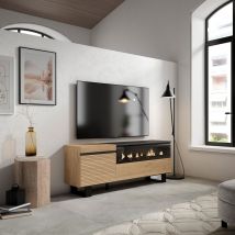 Mobile TV Soggiorno, 150x35x57cm, Per TV fino a 65 , Camino elettrico, Design industriale, colore Rovere RF3303