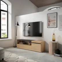 Mobile TV Soggiorno, 150x35x45cm, Per TV fino a 65", colore Rovere e nero RF2427