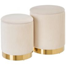 Set 2 Pouf Contenitore Crema Velluto Sgabello Poggiapiedi Rotondo Portata 120kg