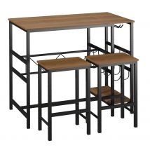 EasyComfort Set Tavolo 2 Sgabelli Alti da Bar in Legno Isola Cucina con Portabottiglie e Portabicchieri in Stile Industriale