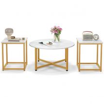 Coast 3 Piece Coffee Table Set - Round Coffee Table with 2 Side Tables - White/Gold - Wood/Metal