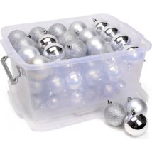 Cadeaux de Noël Set de boules de Noël argentées - 70 pièces boules de Noël en plastique - boîte de rangement pour boules de Noël incluse - Ø4/5/6 cm