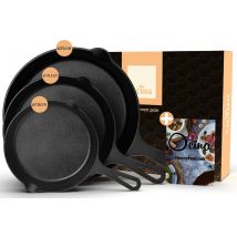 Set de 3 poêles en fonte - Ocina – Ø25 cm, Ø19,5 cm et Ø16 cm – Compatibles induction & BBQ – Poêles à frire – Livret de recettes inclus