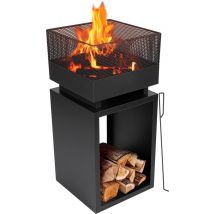 BBQ Collection Panier à feu avec pare-étincelles - Cheminée de jardin 39 x 39 x 85 cm - Cheminée d'extérieur avec piquet et rangement pour le bois de chauffage - Poêle à bois pour le jardin et la terrasse - Poêle à bois d'extérieur - Acier au carbone