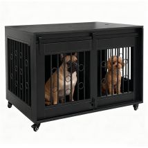 HuisenDier niche sur roues - banc pour 2 chiens - mobile - 2 espaces séparés - chiot et petit chien - noir