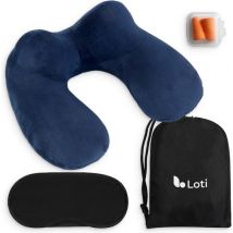 Loti Oreiller cervical gonflable 3 en 1 avec sac de rangement - Oreiller d'avion - Oreiller de voyage - Velours - Masque de sommeil et bouchons d'oreille inclus - Bleu