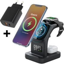 iSetchi MagSafe 5-in-1 Wireless Charger (15W USB-C fast charger) - Avec lampe LED, horloge numérique et fonctions d'alarme - Convient pour iPhone, Apple iWatch et Airpods - Station Qi sans fil - Chargeur GSM