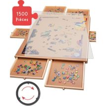 Plateau de puzzle rotatif avec système de rangement - 6 tiroirs - 1500 pièces - Bois - Table de puzzle - Classeur de puzzle - 64 x 86 x 4 cm - Couvercle de protection inclus - Tapis de puzzle - Mallette - Bois