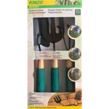Kinzo 3 Piece Gardening Set - Hand rake, Spit fork, Hand shovel - Metal with Wood - Soft Grip - Non-Stick Coating