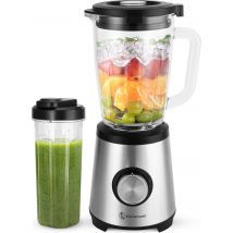 Kitchenwell Blender - Puissant mixeur à smoothie de 1300 watts avec gobelet - 1,75 litre - gobelet en verre - 3 supports - acier inoxydable/gris