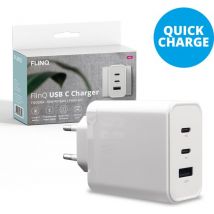 FlinQ 65W Fast Charger Adapter usb c - Chargeur rapide iPhone - Chargeur rapide Samsung - Chargeur rapide ordinateur portable MacBook - adaptateur universel - PD GaN 2 USB-C & 1 USB-A - Blanc