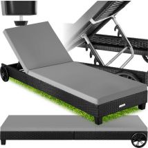 tectake® - Chaise longue en osier - Chaise longue de jardin avec roues et dossier réglable - Chaise longue de plage - Pour le jardin ou le balcon - Chaise longue de relaxation - Résiste aux intempéries - Coussin gris inclus - Noir