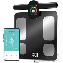 LEBENLANG - Pèse-personne de fitness avec capteurs manuels - 29 lectures, connexion à l'application, capacité de charge de 180 kg - Pèse-personne avec analyse de la graisse corporelle et de la masse musculaire - rechargeable et avec affichage LED