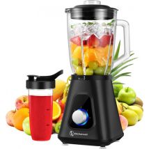 Kitchenwell Blender - Puissant mixeur à smoothie de 1300 watts - 1,5 litre - gobelet en verre - 3 supports - gobelet de sport inclus - acier inoxydable/noir