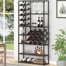 Launica Rack à vin rustique sur pied, rack à vin industriel moderne, armoire à vin en bois et métal avec rangement pour le vin et porte-verres pour la cuisine et la salle à manger, chêne rustique.