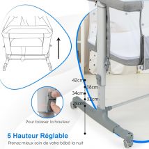 Lit bébé Coast avec matelas - 5 hauteurs - avec sac de transport - capacité de charge de 9 kg - 84 x 48 x 80 cm - gris clair