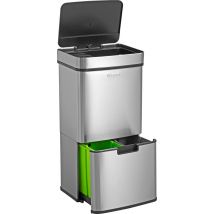 Poubelle de tri - Homra - 3 Compartiments (2x12L + 48L) - Poubelle à Capteur - Acier Inoxydable - Couvercle Automatique - Argenté